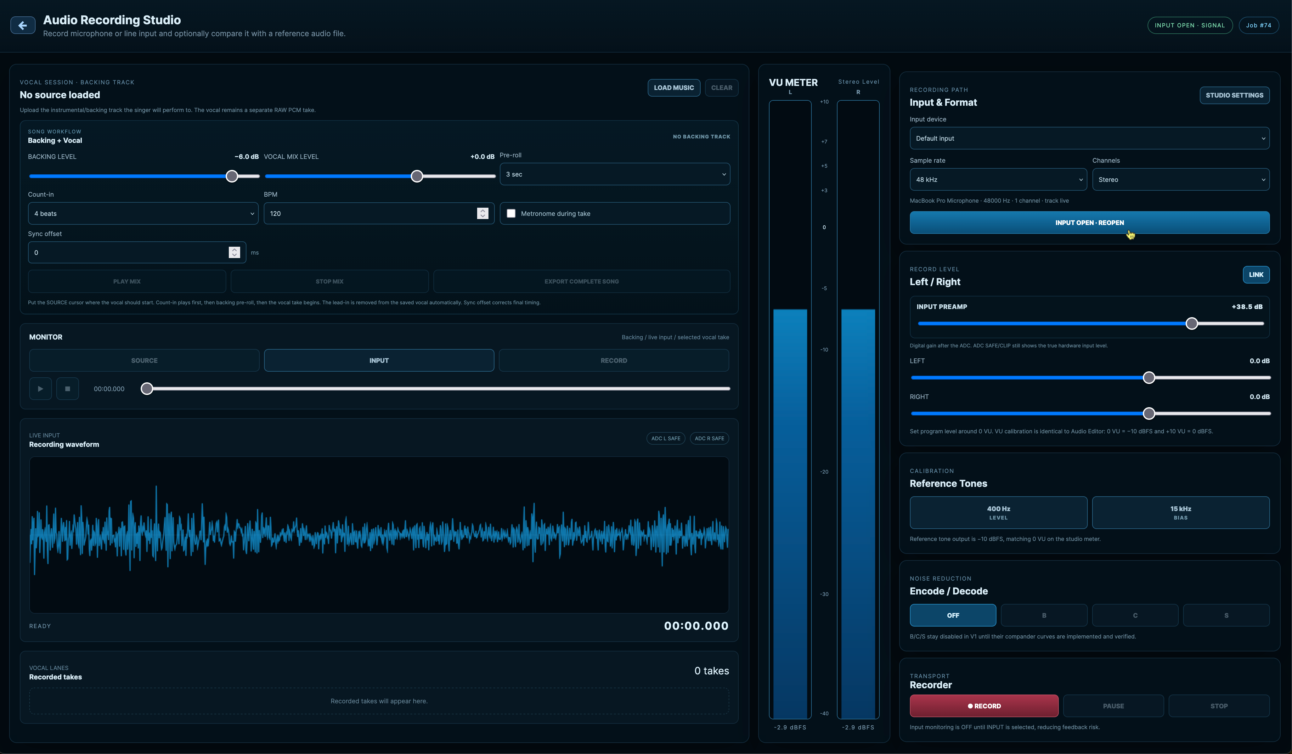 Record microphone or line input with real monitoring.